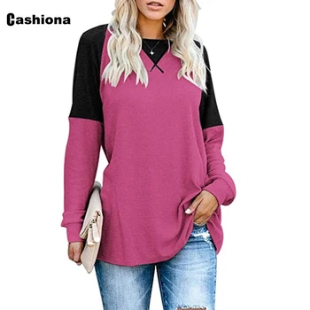 Cashiona Kvinder Rund Hals T-shirt Damer Elegante Fritids-Toppe Patchowrk Farve t-shirt med Lange Ærmer 2020 Efteråret Tee Shirt Pullovere