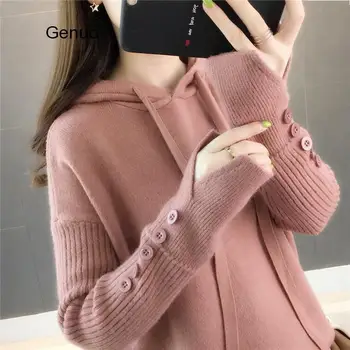 Casual Hooded Sweater 2020 Nye Efterår Og Vinter Koreansk Stil Kvinder Løs Solid Knappen Strik Kvindelige Pullover Sweater Sueter