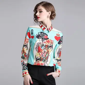 2019 Nye Mode Af Høj Kvalitet, Kvinder Tøj Toppe, Bluser & Skjorter, Casual Print Langærmet Vintage Slank Skjorte