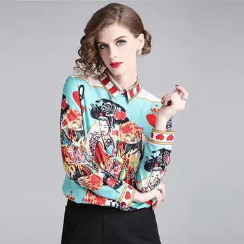 2019 Nye Mode Af Høj Kvalitet, Kvinder Tøj Toppe, Bluser & Skjorter, Casual Print Langærmet Vintage Slank Skjorte