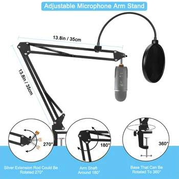GEVO Mikrofon, Stå Med Mikrofonen Forruden og Dobbelt Lag Pop-Filter Suspension Boom Scissor Arm For Blue Yeti Snowball