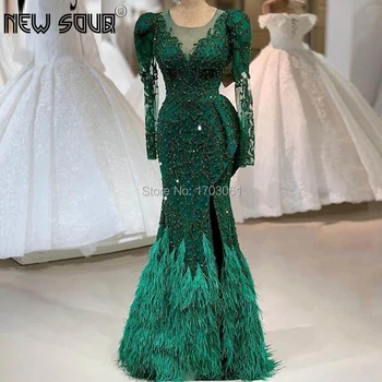 Illusion Emerald Green Aften Kjoler Arabisk Dubai Beaded Kendte 2020 Nyeste Design Fjer Split Side Prom Kjole Islamiske