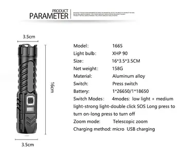 Super Kraftfuld XHP90 Taktisk Lommelygte USB-Opladning Fakkel Vandtæt Lommelygte Zoom Fakkel til Jagt Arbejde Nødsituation