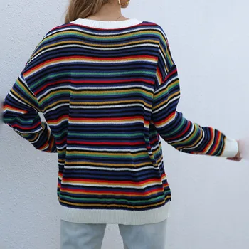 Kvinder Stribet Rainbow Syning Sweater 2020 Lange Ærmer Strikket Casual Pullover Løs Sweater Efterår Og Vinter Toppe Jumper Femme