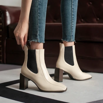 2020 Efteråret Ny Firkantet Tå Kvinder Grundlæggende Ankel Støvler Chunky Høj Hæl Elastisk Boot Kvindelige Slim Fit Sok Støvler Mode Botas Mujer