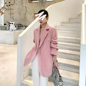 I Loose Fit Pink og Hvid Splejset Hit Farve Bælte Jakke Ny Revers Lange Ærmer Kvinder Frakke Fashion Tide Efterår og Vinter 2020