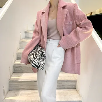 I Loose Fit Pink og Hvid Splejset Hit Farve Bælte Jakke Ny Revers Lange Ærmer Kvinder Frakke Fashion Tide Efterår og Vinter 2020