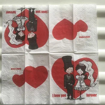 Vintage tissue servietter af papir decoup trykt røde hjerte brud brudgom kærlighed for evigt lommetørklæde bryllup servietten part jubilæum