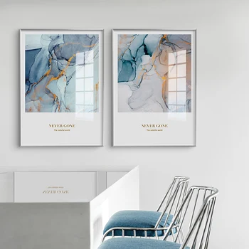 Nordisk Lærred Maleri Moderne Udskriver Abstrakt Kunst, Plakater, Print Blå marmorering Art Wall Billeder Stue Gyldne linje Plakat