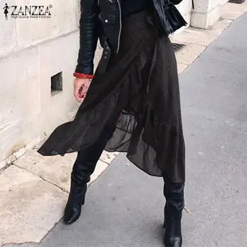 ZANZEA Kvinders Asymmetrisk Hem Bohemian Polka Dot Trykte Nederdele Vestidos Midten af Kalv Nederdele 2021 Mode Flades Femme Plus Størrelse