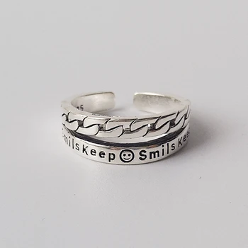 Smil Ansigt Indgraveret Brev Stabelbare 925 Sterling Sølv Double-Layer Resizable Ring For Kvinder Mode Smykker
