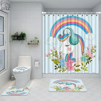 Hvid Enhjørning Indretning For Piger Badeværelse Sæt Sjove Rainbow Vandtæt Badeforhæng Toilet Dække Måtten Ikke Glider Tæppe Baby Indretning