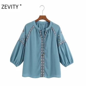 ZEVITY Nye kvinder vintage blomsterbroderier casual bluse med smock shirts kvinder tre kvart ærme chiffon blusas smarte toppe LS7175