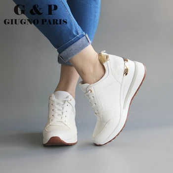 Hvid kile sneakers casual kiler kvinder sko højde stigning, 6cm kvinde platform sko mode af høj kvalitet læder indersål