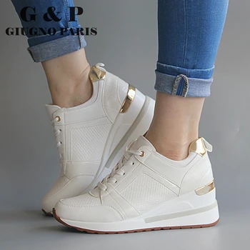 Hvid kile sneakers casual kiler kvinder sko højde stigning, 6cm kvinde platform sko mode af høj kvalitet læder indersål