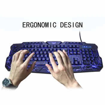 Russisk/engelsk Gaming Tastatur, LED 3-Farve M200 USB-Kablet Farverige Vejrtrækning Baggrundsbelyst Vandtæt Computer Knæk Tastatur