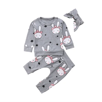 Toddler Baby Pige Kanin med Lange Ærmer Toppe, T-shirt+Lange Bukser+Pandebånd Casual Bomuld Tøj kids Tøj Sat til 0-24M