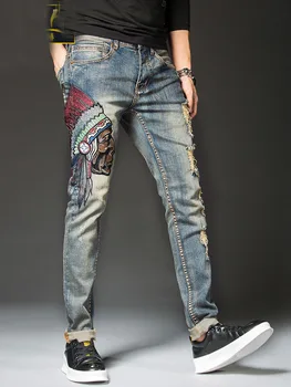 Gratis Forsendelse Nye mænd mandlige denim jeans Hul broderi Slim ko 98% bomuld, lige tidevandet mærke tigger koreanske bukser bukser