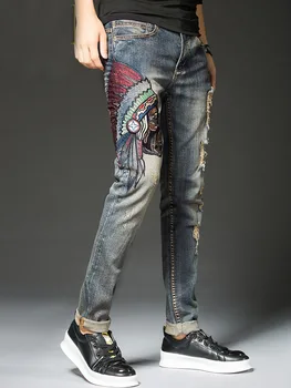 Gratis Forsendelse Nye mænd mandlige denim jeans Hul broderi Slim ko 98% bomuld, lige tidevandet mærke tigger koreanske bukser bukser