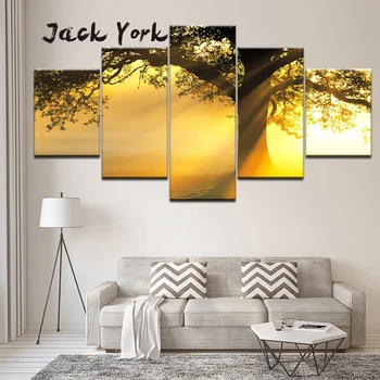 Lærred Maleri Landskab Træ og solskin 5 Stykker Væg Kunst Maleri Modulære Baggrunde Plakat Print stue Home Decor