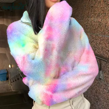 SUCHCUTE Rainbow Uld Jakker Til Kvinder Med Lynlås Varm Modis Longslive Afslappet Vinter Frakker 2019 Casual koreansk Stil Festival