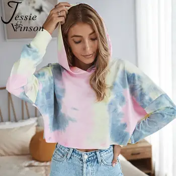 Jessie Vinson Smart Tie Dye Print Hoodie Kvinder Med Lange Ærmer Hætte Sweatshirt Efterår Og Vinter Casual Kort Hættetrøjer Pullover Top 2020