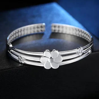 2021 Nye Kvindelige Luksus Mærke Sølv Smykker Seks Blade Blomme Sølv Armbånd Fashion Simpel Justerbar Armbånd Armbånd Engros