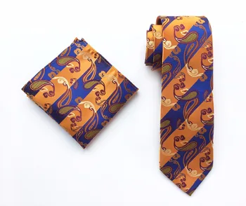 Nye Designer-8cm Bryllup, Brudgom Slips Sæt Orange med Blå Klassisk Paisley Bånd Lommetørklæde Sæt