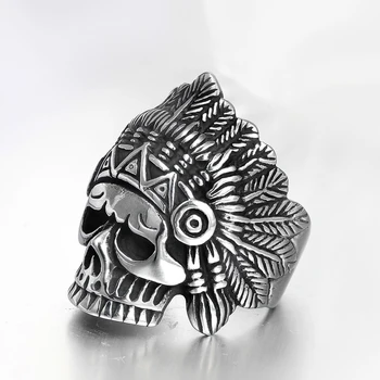 Hip Hop Indian Chief Skull Ring til herrer Guld Sølv Farve Rustfrit Stål Punk Biker Ring Mandlige Hippie Smykker Dropshipping Butik