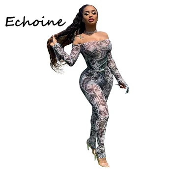 Echoine Slash-hals Buksedragt langærmet Heldragt Fra Skulder Slinky Bodycon Rompers Dame Buksedragt Overalls