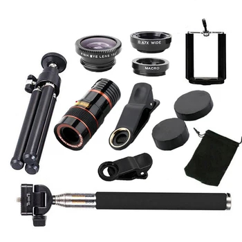 8/12X mobiltelefon, kamera linse teleskop 10-i-1 sæt med selfie stick stativ Bluetooth-Remote Kit med Indehaveren Klip Stativ