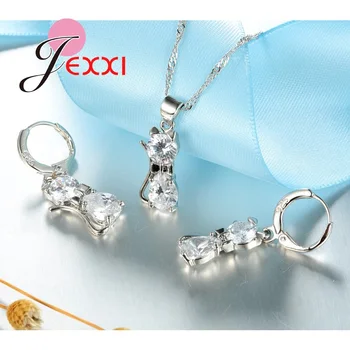 7 Farver Detail Romantisk Engagement 925 Sølv Søde Kat Smykke Sæt-Halskæde, Ørering Med Top Kvalitet Crystal Til Kvinder