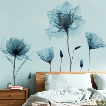 Romantisk Blå Blomst Wall Stickers er selvklæbende på Stue-TV Baggrund Væggen Dekoration, Klistermærke, Soveværelse, Lille Frisk Tapet