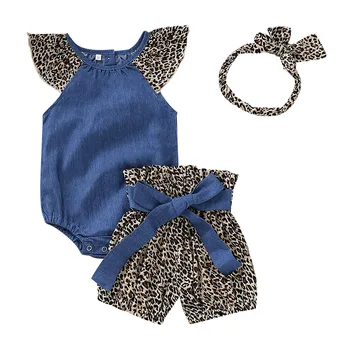 Nye Ankomst Spædbarn Pige Pjusket Ærmer Denim Top,Leopard Print, Shorts Hovedbøjle 3 stykker Tøj Sæt Til Baby Piger sommertøj