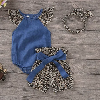 Nye Ankomst Spædbarn Pige Pjusket Ærmer Denim Top,Leopard Print, Shorts Hovedbøjle 3 stykker Tøj Sæt Til Baby Piger sommertøj
