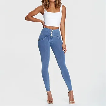 Melodi Bære Gode Amerikanske Jeans High Rise Skinny Jeans Lys Blå Jeans med Knapper Kvinder Jeans Bukser 2020