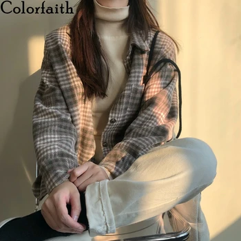 Colorfaith Nye 2020-Kvinder Efterår og Vinter Bluser Knapper Vintage Ternet Split-Shirts Oversize koreanske Plaid Vilde Toppe BL3373