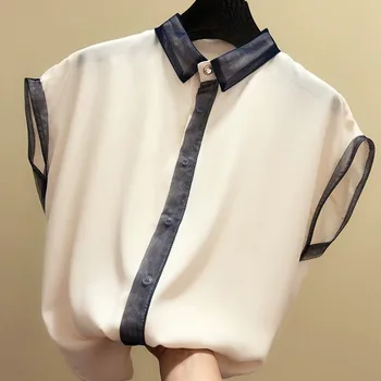 Mesh patchwork chiffon kvinder shirts 2020 sommeren nye turn-down krave langærmet knappen slim fast dame, elegante skjorter, toppe outwear