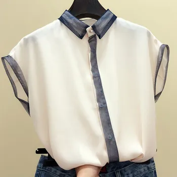 Mesh patchwork chiffon kvinder shirts 2020 sommeren nye turn-down krave langærmet knappen slim fast dame, elegante skjorter, toppe outwear
