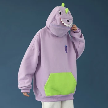 Dame Søde Dinosaur Hoodie Løs Pullover Zip Hooded Top Sweatshirt med Stor Lomme Foran NYZ Shop
