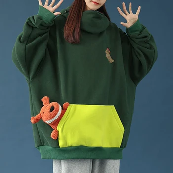 Dame Søde Dinosaur Hoodie Løs Pullover Zip Hooded Top Sweatshirt med Stor Lomme Foran NYZ Shop