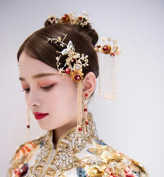 Retro Kinesisk Stil Red Pearl Butterfly Bryllup Hår Tilbehør Vintage Brude Bryllup Hovedbeklædning Hårnåle Hår Tilbehør