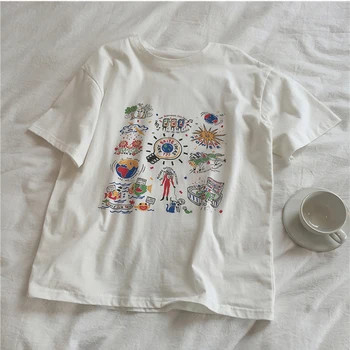 Sommer Hvid T-Shirt Kvinder Graffiti Print Mode Harajuku Tshirt Plus Size Æstetiske kortærmet T-shirt Camiseta Mujer