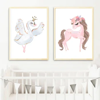 Tegnefilm Pink Enhjørning Swan Pige Crown Blomst Nordiske Plakater Og Prints Væg Kunst, Lærred Maleri På Væggen Billeder Kids Room Decor