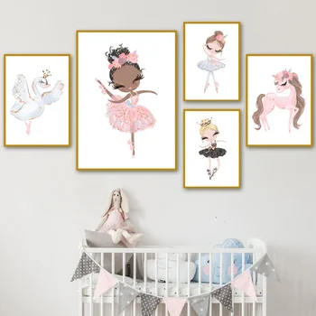 Tegnefilm Pink Enhjørning Swan Pige Crown Blomst Nordiske Plakater Og Prints Væg Kunst, Lærred Maleri På Væggen Billeder Kids Room Decor