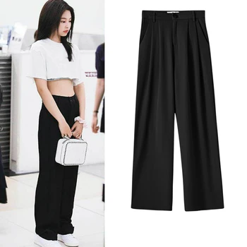 Kpop koreanere Kendte sommeren nye sort løs casual højtaljede lige bukser kvinder High street Harajuku løs Solid bukser