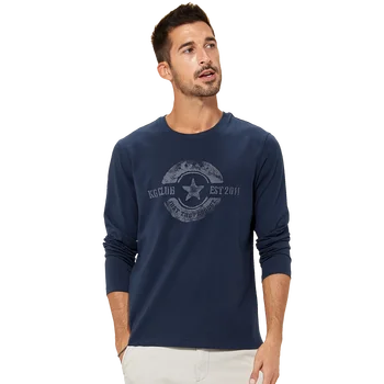 KUEGOU Bomuld Foråret Efteråret Mænds t-shirt med lange ærmer safir tshirt udskrivning fashion T-shirt mænd top plus size ZT-88095
