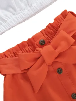 2020 Kids Baby Piger Sommer tøj sæt Kort Ærme fra skulder hvidt Pjusket Top T-shirt Orange Bue Shorts Tøj sæt 1-6Y