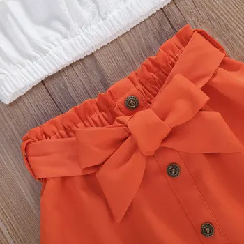 2020 Kids Baby Piger Sommer tøj sæt Kort Ærme fra skulder hvidt Pjusket Top T-shirt Orange Bue Shorts Tøj sæt 1-6Y
