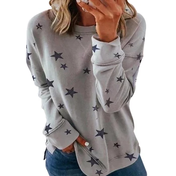 Kvinder Bluser Plus Size Fashion Lange Ærmer Turn Down Krave Office-Shirt Fritid Bluse Shirt Casual Stjerne Print Bluse